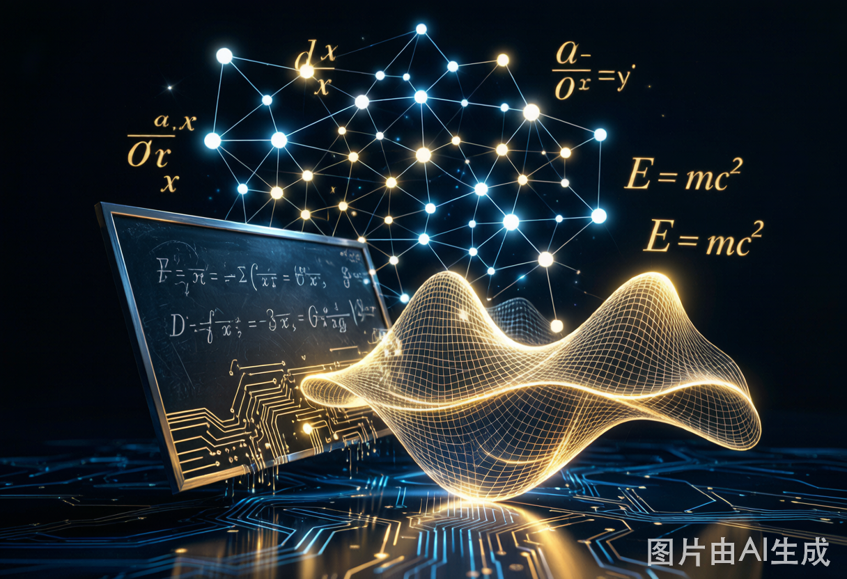 AI数学证明概念图：神经网络与数学公式融合