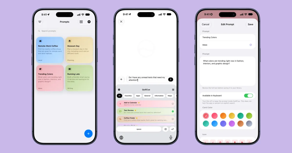 图片来源:9to5Mac QuillCue 应用界面,展示提示词键盘与分类管理