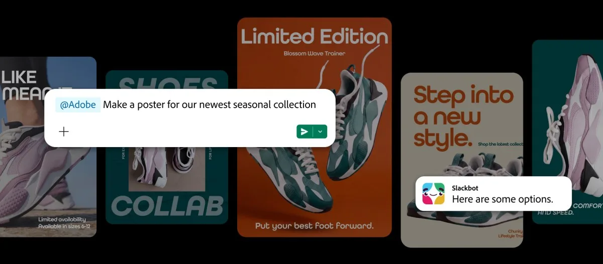 Adobe 70+ 工具入驻 Slack：对话即可出图出视频