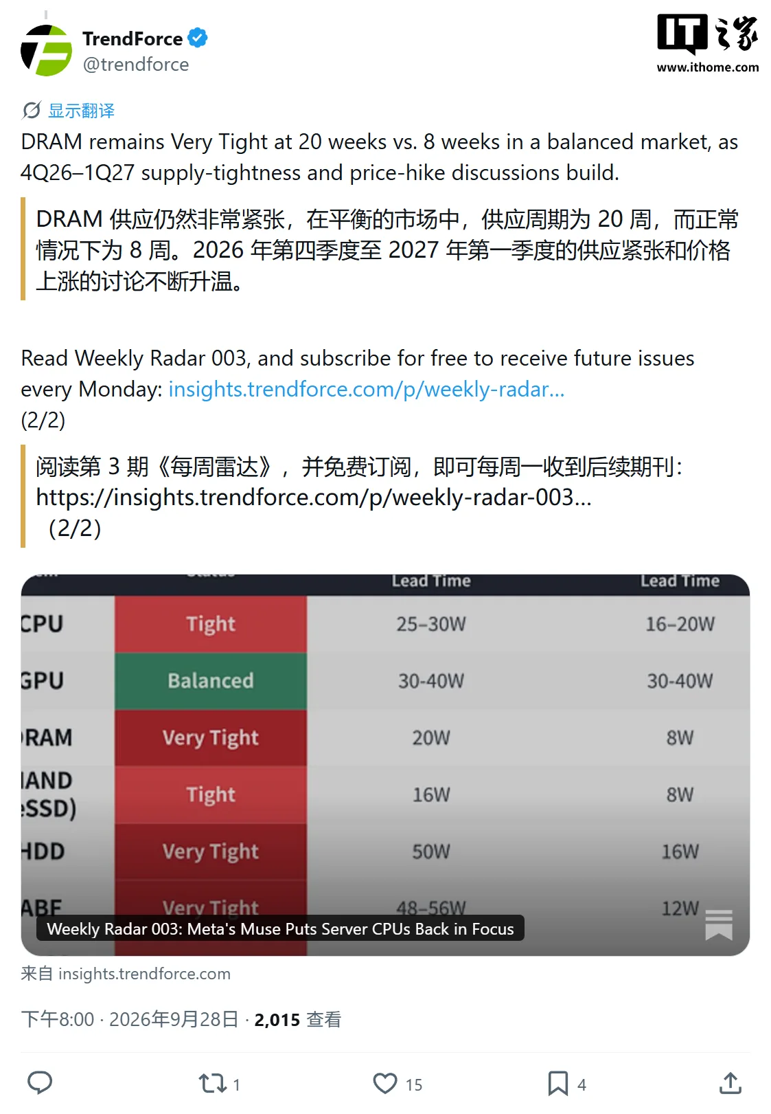 图片来源:IT之家 集邦咨询:AI 智能体推高服务器 CPU 需求