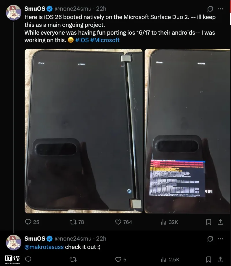 图片来源:IT之家 Surface Duo 2 双屏显示 iPadOS 26 界面